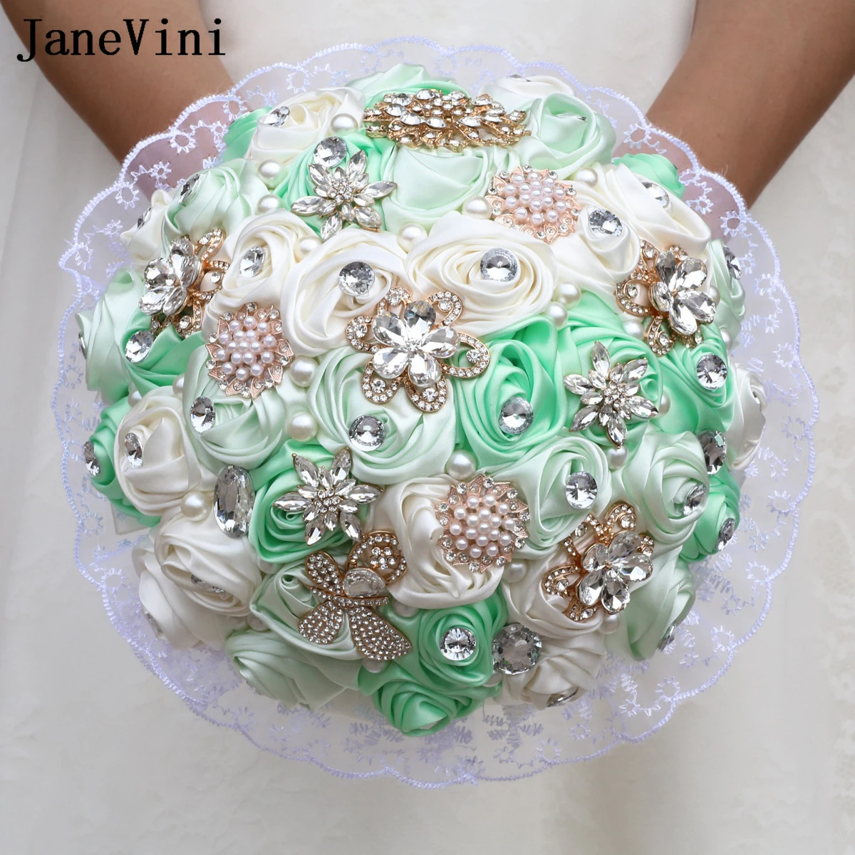 

JaneVini Luxurious Diamond Wedding Bouquet Sage Green Crystal Beaded Bride Flowers Satin Bridal Bridesmaid Bouquets Flores Novia
