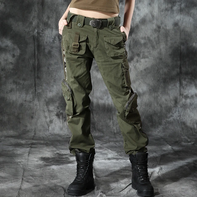 Pantalones Cargo verde militar para mujer, pantalón de camuflaje, recto, suelto, con más bolsillos, para ocio al libre _ - AliExpress Mobile