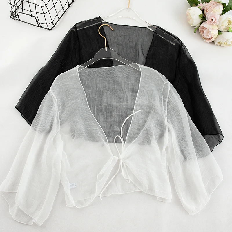 Women Summer Crinkle Chiffon Cardigan Sheer Casual Hawaii Style See Through Transparent Loose Top For Vacation Shirts