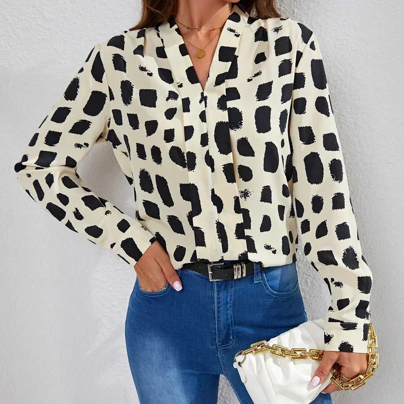 

Fashion Long Sleeve Polka Dot Printed Blouse Women Vintage V-neck Casual Shirts Women Elegant Simple Loose Tops Blusas 30191