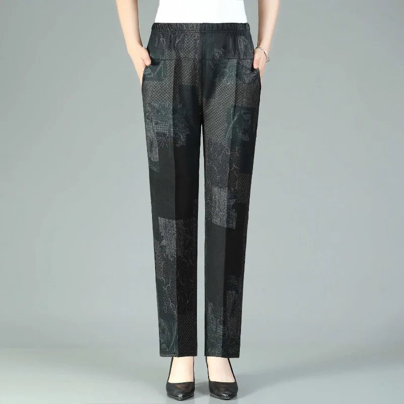 Women's Solid Elastic Waist Patchwork Printing Plaid Pocket Straight Spring and Autumn High Waist Elastic Loose Casual Pants