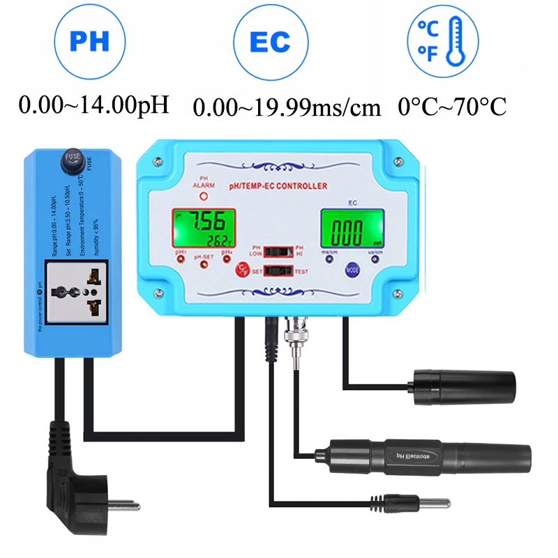 

PH Controller 3 in 1 EC Temperature Meter Monitor Hydroponics Aquarium Water Quality Analyzer Acidimeter Conductivity Tester