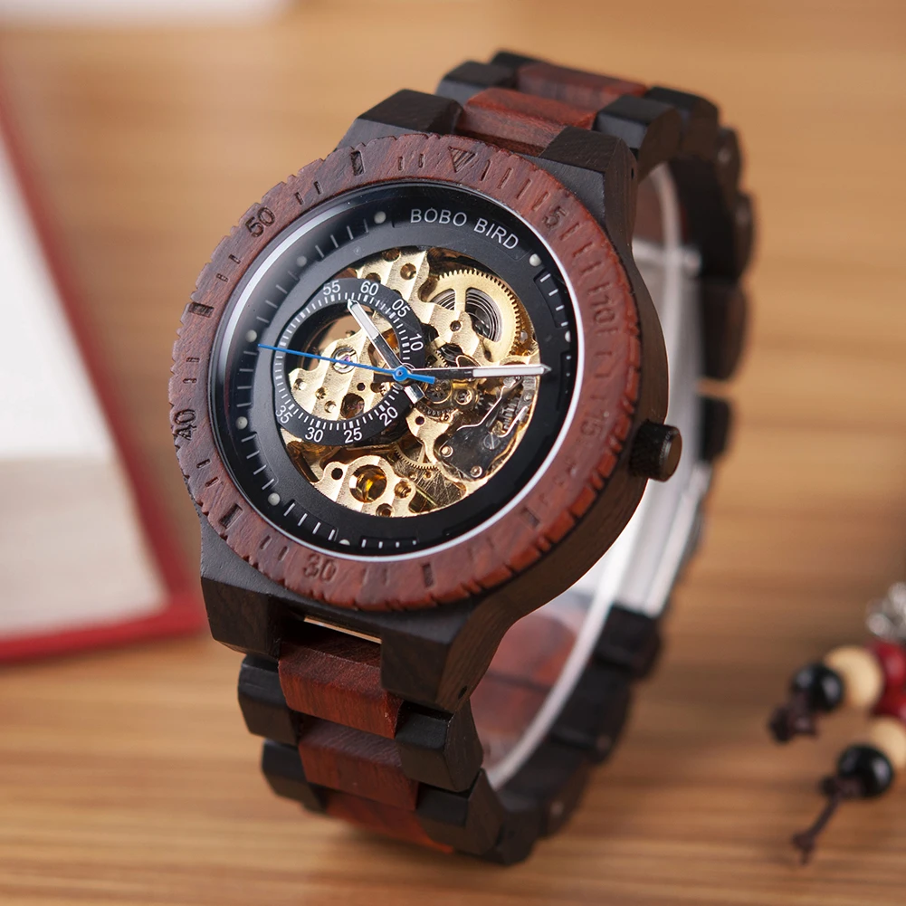 BOBO BIRD Wood Mechanical Watches For Men Red Sandalwood Luxury Automatic Wrist Watch Skeleton Watch Father's Day Gift Custom
