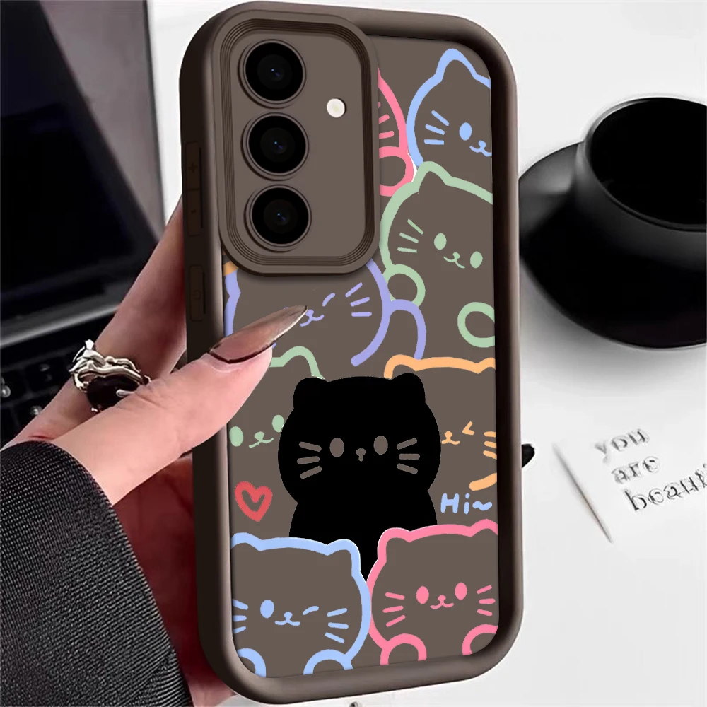 Cartoon Cat Silicone Phone Case with Colorful Line Design