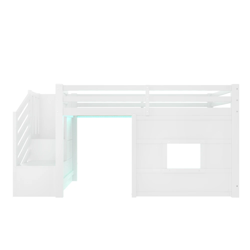 Weißes Hochbett 90x200cm mit Stauraum, Treppe & Fenster | Robustes Multifunktionales Hochbett | Ideal für Zuhause, Studentenwohnheim und Apartment – Detail 8