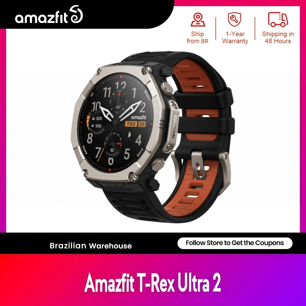 Amazfit T-Rex Ultra 2 Smartwatch para atividades ao ar livre, Corpo em titânio de 51 mm, Tela AMOLED de safira de 1,5'', GPS de banda dupla, Lanterna, 30 dias de bateria, Mapas offline, 10 ATM, 180+ modos esportivos