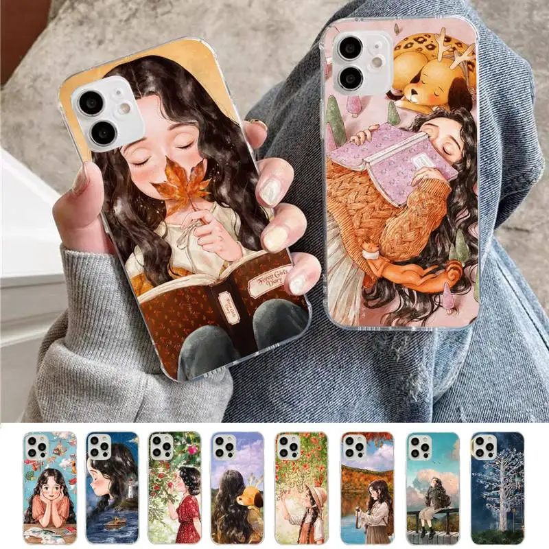 Fhnblj Cute Cartoon Girl Forest Girl Phone Case Per Iphone 11 12 13 Mini Pro Max 8 7 6 6S Plus X 5 S Se 2020 Xr Xs 10 Case