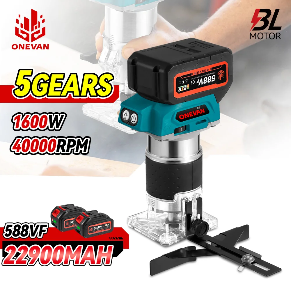 1600W Brushless Electric Hand Trimmer 5 Speeds Cordless Engraving Slotting Trimming Milling Wood Router For Makita 18V Battery 21v brushless mini cordless chainsaw 12 inch electric chain saw handheld pruning saw 6 0ah rechargeable battery fast charger powered tree branch pruner pruning shears garden tool for tree trimming wood cutting