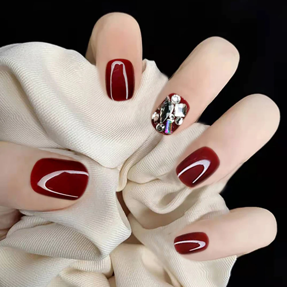 24pcs/box Artificial Nails With Designs Diamond Short False Nailspress On  Nails Grace Temperament Red Color Fake Nails For Girls - AliExpress