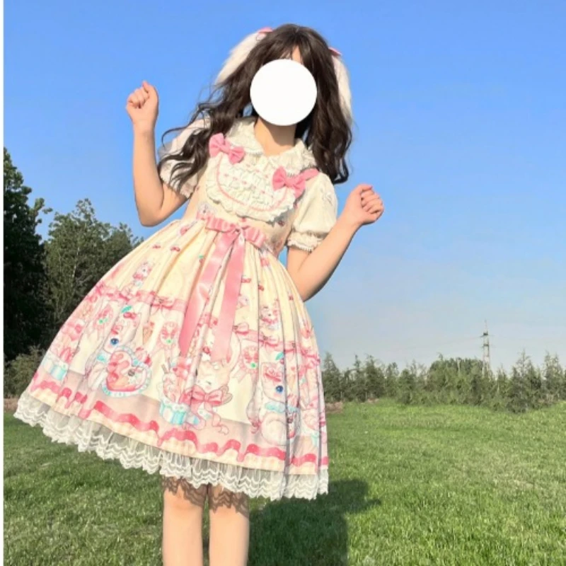 Japanese Dream Lolita Jsk Dress Women Kawaii Cute Cat Print Bow Lace Sleeveless Strap Dresses Girl Sweet Princess Party