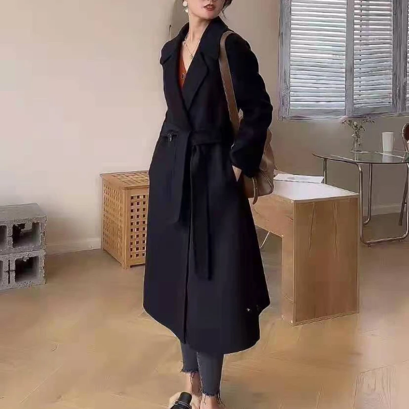 2023 New Hepburn Style Reversible Cashmere Coat Lady Temperament Slim-Fit Coat High-End Handmade Long Coat