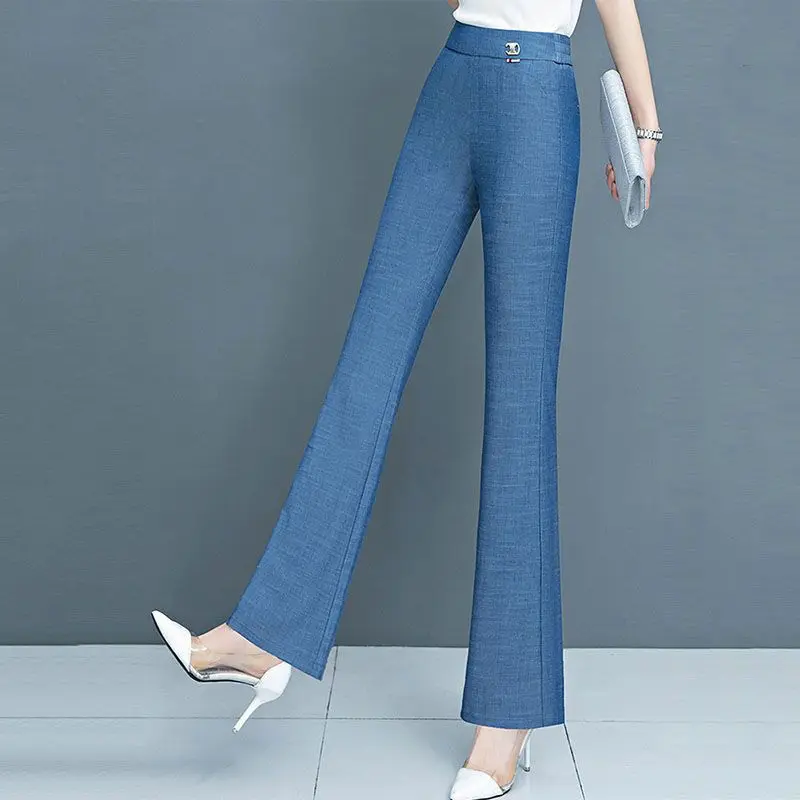 Simplicity Elegant Solid Women's Clothing Pocket Temperament Fashion Slim Casual Elastic Waist Spring Autumn Thin Flare Pants