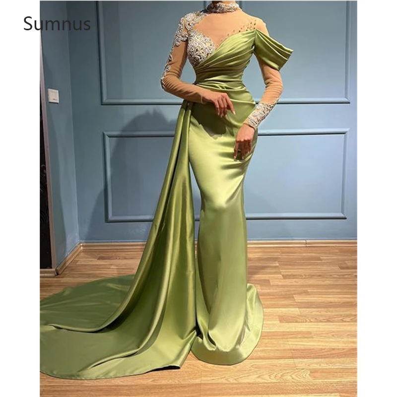 

Sumnus Vintage Mermaid Evening Dresses 2022 Long Sleeves Lace Appliques Stain Halter Neckline Robes De Soirée Vestidos De Gala
