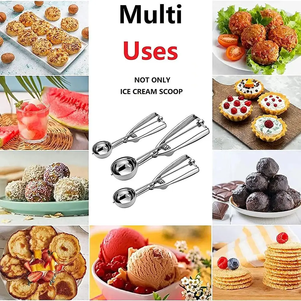 Ice Cream Scoop, 3Pcs Cookie Scoop Set For Baking Steel Ice Cream Scooper With Trigger Release For Portion Control