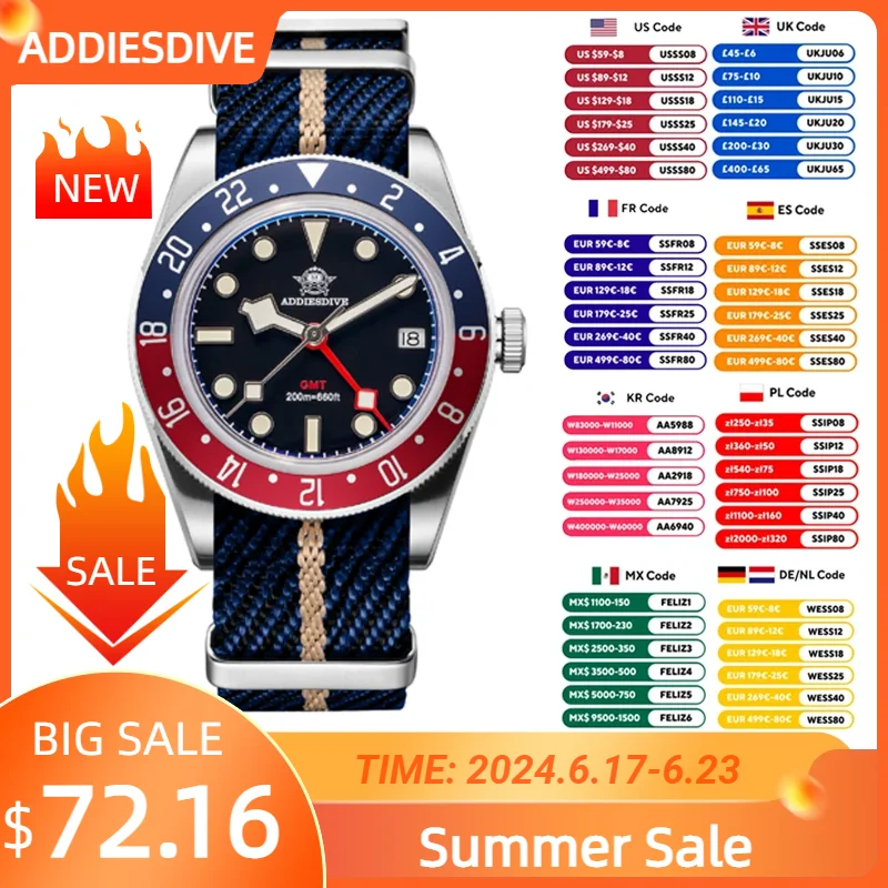 ADDIESDIVE TOP Brand GMT Men Quartz Watch Bubble Mirror Glass Luminous relojes hombres 20Bar Waterproof Luminous AD2044 Watches