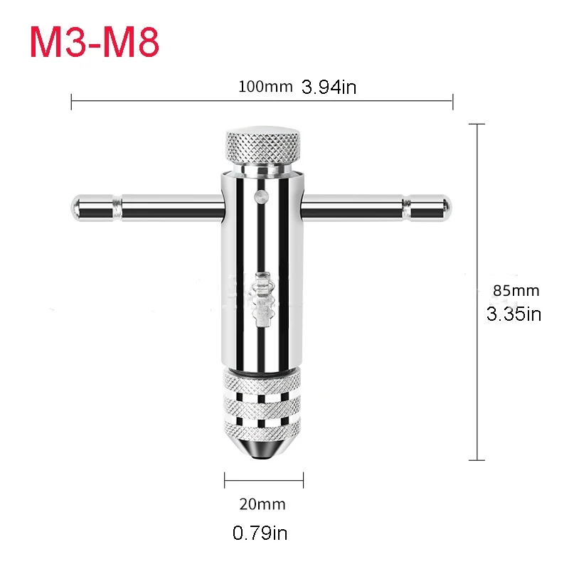 Description Picture 2 of itemAdjustable Silver T-Handle Ratchet Tap Holder Wrench with 5pcs M3-M8 3mm-8mm Machine Screw Thread Metric Plug T-shaped Tap