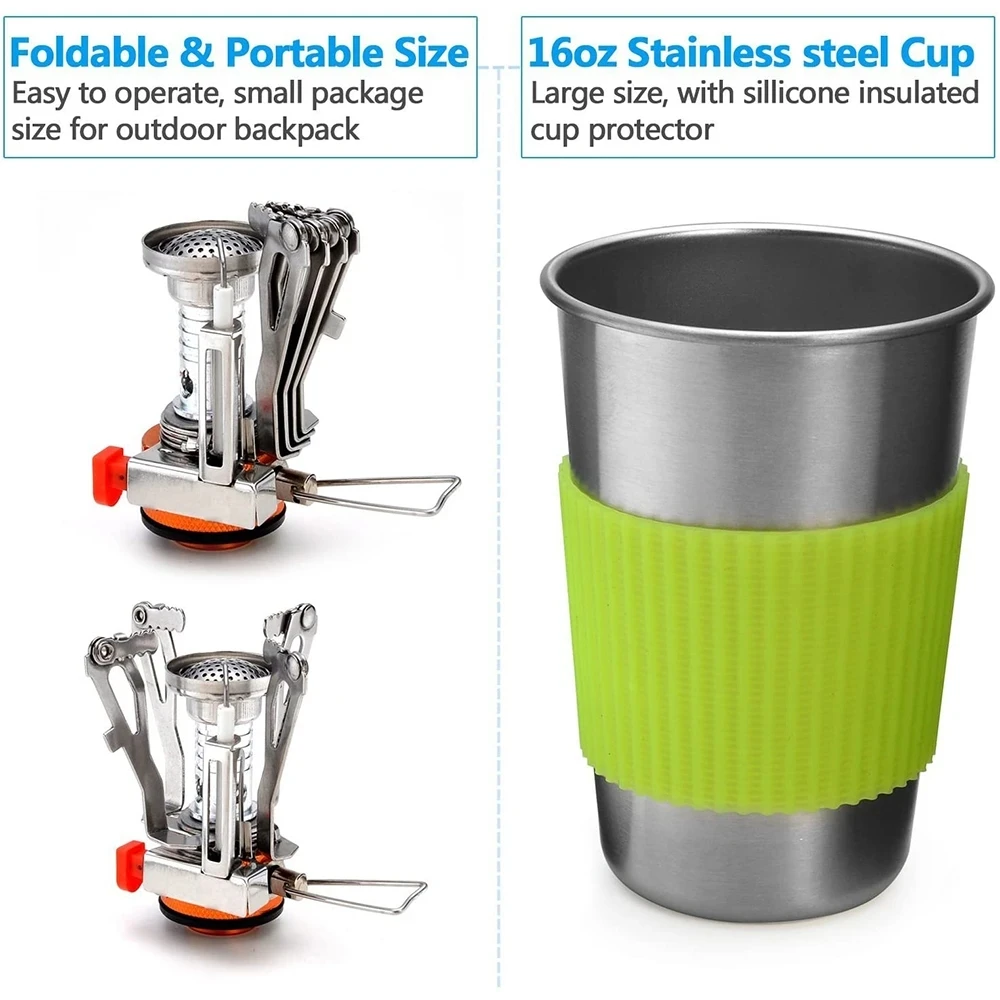 Portable Camping Cookware Set Outdoor Pot Gas Stove Set Foldable Spoon Fork Knife