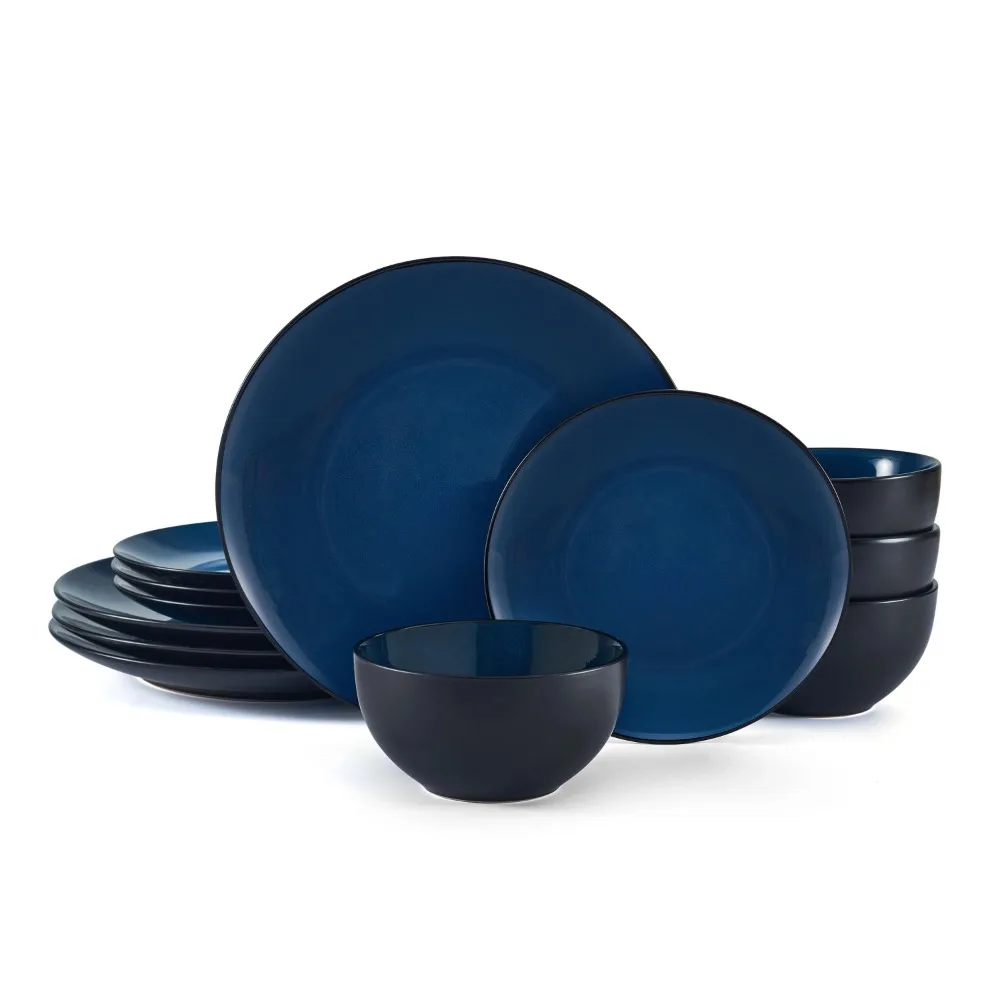 

12 Piece Stoneware Dinnerware Set in Blue Reactive Glaze Finish Tableware Set Perfect for Everyday Dining Sturdy Durable