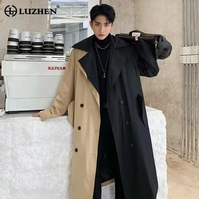 LUZHEN Long Spring Fashion Design Color Contrast Windbreaker Original Patchwork Men's Casual Elegant Trench Coat Loose LZ5393