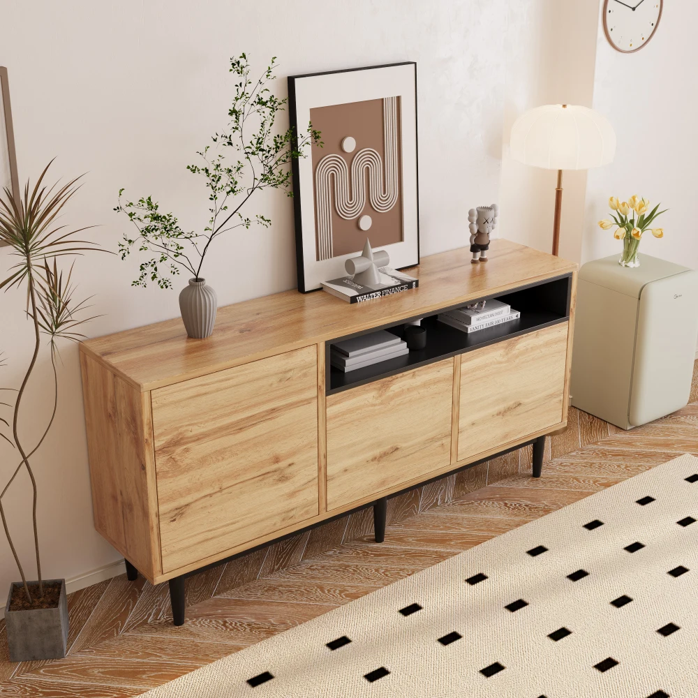 160 x 35 x 76 cm großes modernes Holz-Sideboard mit drei Türen und Regalen, einfache Montage, platzsparendes Design, robust und zuverlässig – Detail 4