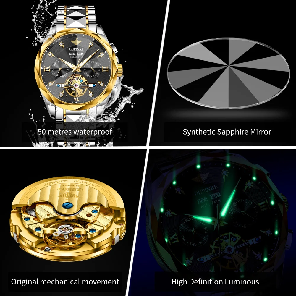 OUPINKE 3316 Men's Watch Original Classic Waterproof Rhombus Mirror Mechanical Watch For Men Hollow Auto Date Luxury Wristwatch