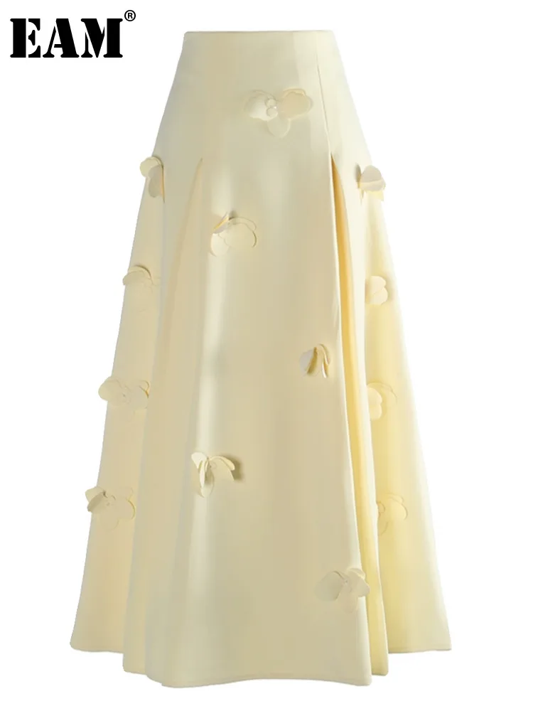 

[EAM] High Waist Yellow Three-dimensional Flower Party A-line Half-body Skirt Women Fashion Tide New Spring Autumn 2024 1DH4127