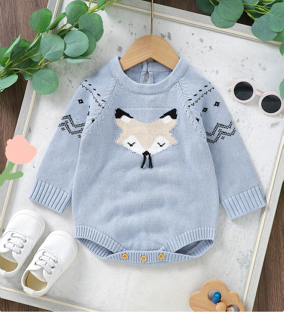 Baby Fox Gestrickte Bodys Kleidung Herbst Blau Langarm Neugeborenen Jungen Mädchen Onesie Outfits Ein Stück Infantil Unisex Overalls – Detail 1