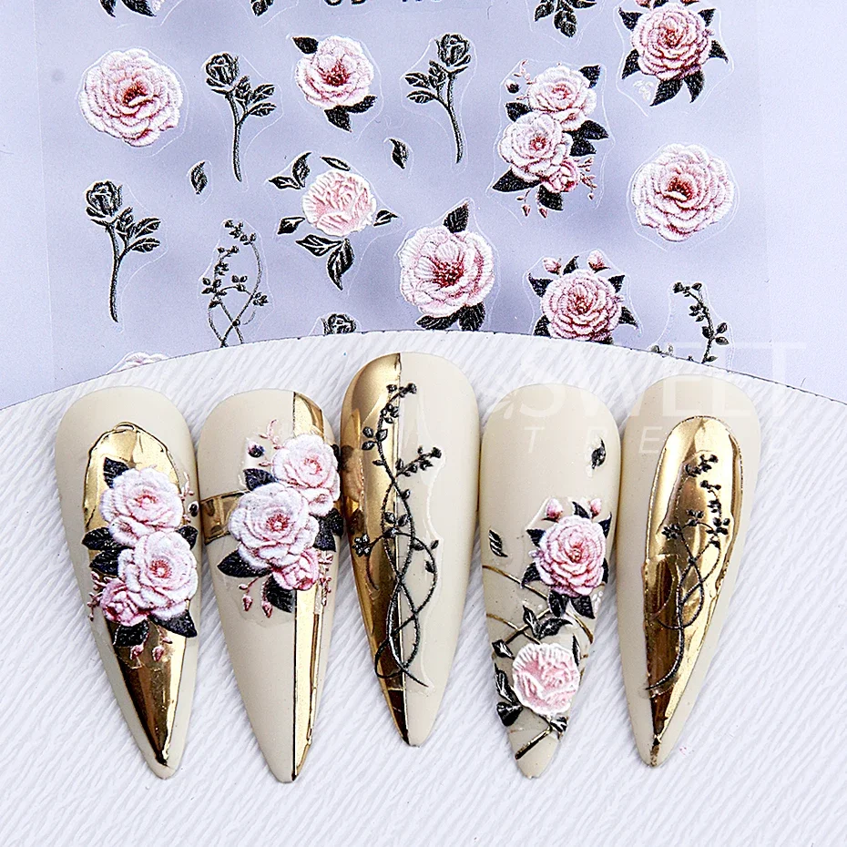 Red Rose Flower Nail Art Stickers 5D Embossed Self-Adhesive Spring Flowers Leaves Design Decals for Women Valentine Decoration