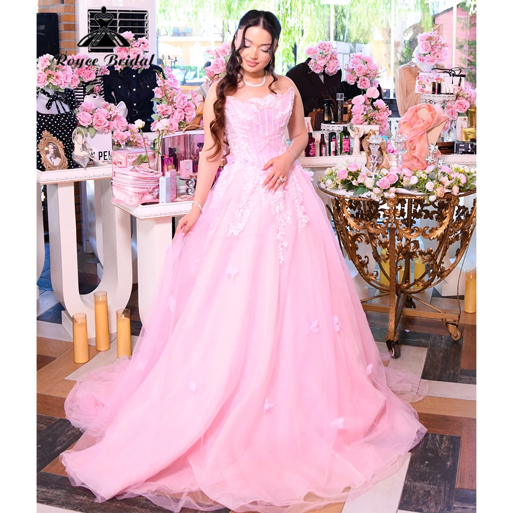 Abito da ballo rosa senza spalline in pizzo e tulle Roycebridal con fiori 3D galleggianti, abiti da sera formali personalizzabili