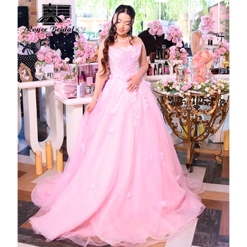 Abito da ballo rosa senza spalline in pizzo e tulle Roycebridal con fiori 3D galleggianti, abiti da sera formali personalizzabili