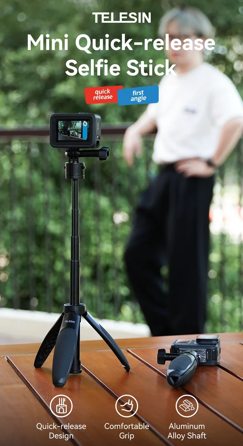 Portable Extendable Selfie Stick Tripod for GoPro/Insta360/DJI Osmo - Quick Rele