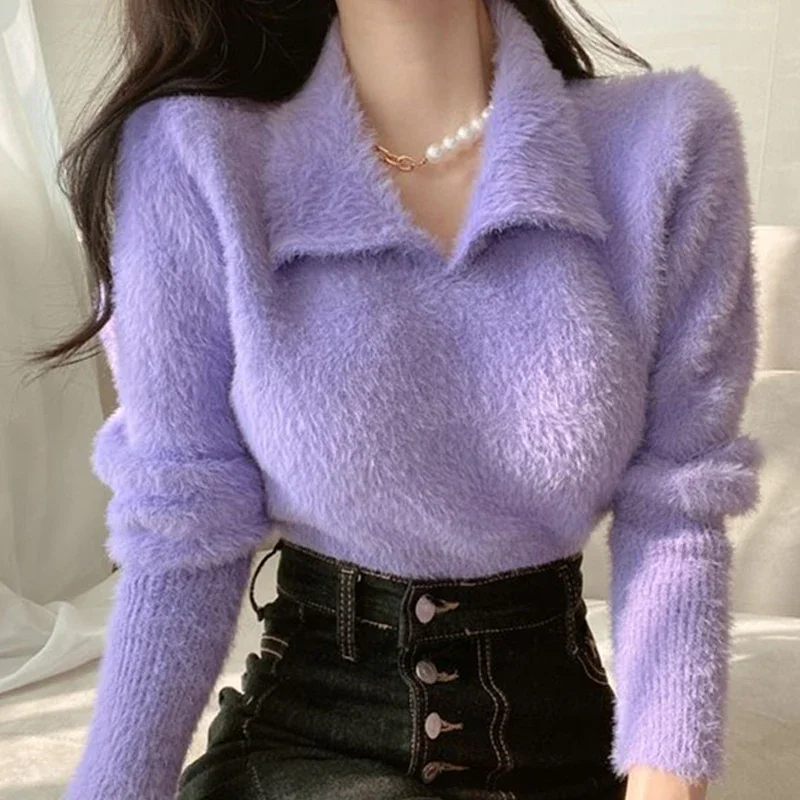 

Autumn Women Fluffy Pullovers Sweater Peter Pan Collar Long Sleeve Warm Jumpers For Women Casual Soft Sweater Winter