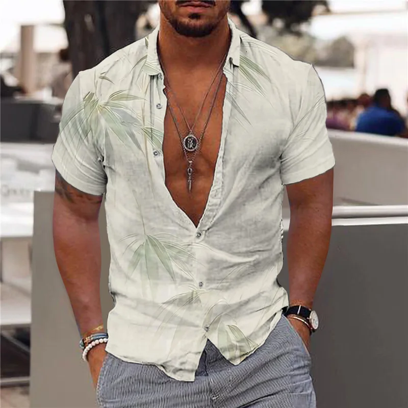 Hawaiian Shirts Printed Colors Bamboo Leaves Graphics Dress Shirt Buttons Short Sleeve Streetwear Beach Casual Men Clothing