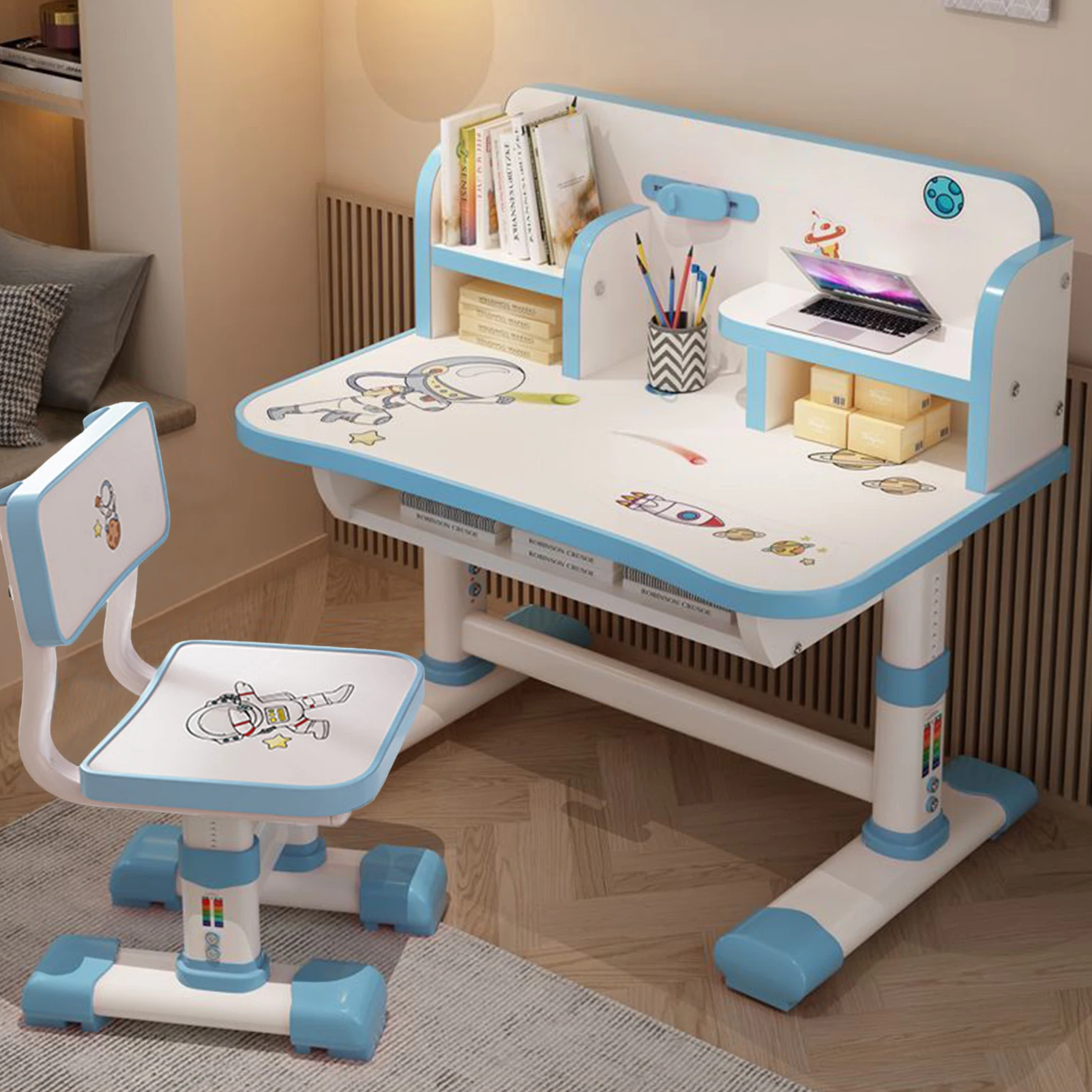 Height Adjustable Children School Study Table Chair Set with Cartoon Pattern Ergonomic Desk Chair with Large Writing Board