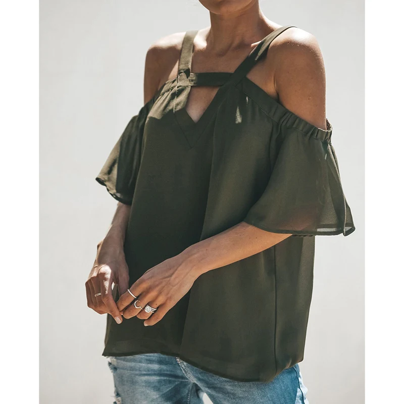 

Fashion V-Neck Strapless Loose Flared Sleeve Top Summer Female Fashion Trumpet Sleeves T-shirt Hot Sale Free Shipping 2021