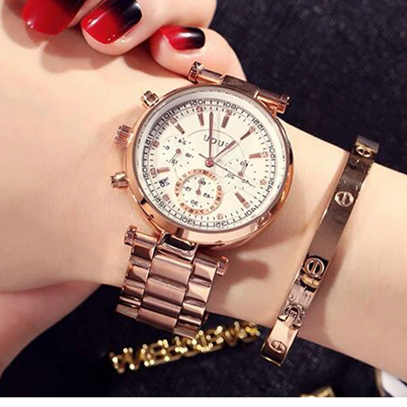 

Fashion Real 3 Eyes Work GUOU Rose Gold Steel Quartz Women Ladies Wristwatches Wrist Watch Bracelet /w Calendar Japan Movt Clock