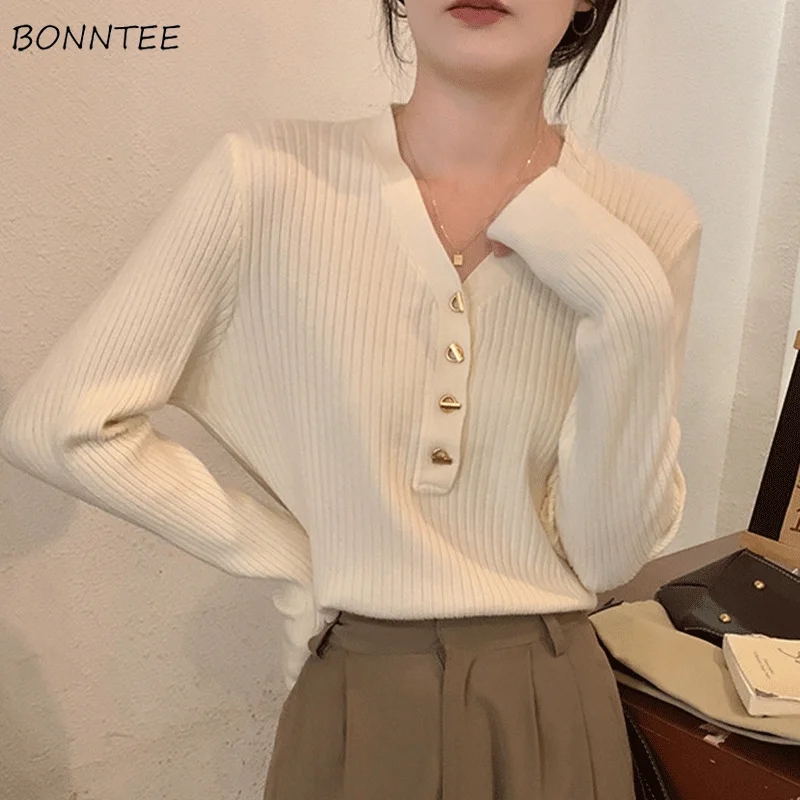 

Pullovers Women V-neck Knitting Basic Solid Ribbed Loose Chic Autumn Winter Gentle All-match Graceful Tops Temperament Female