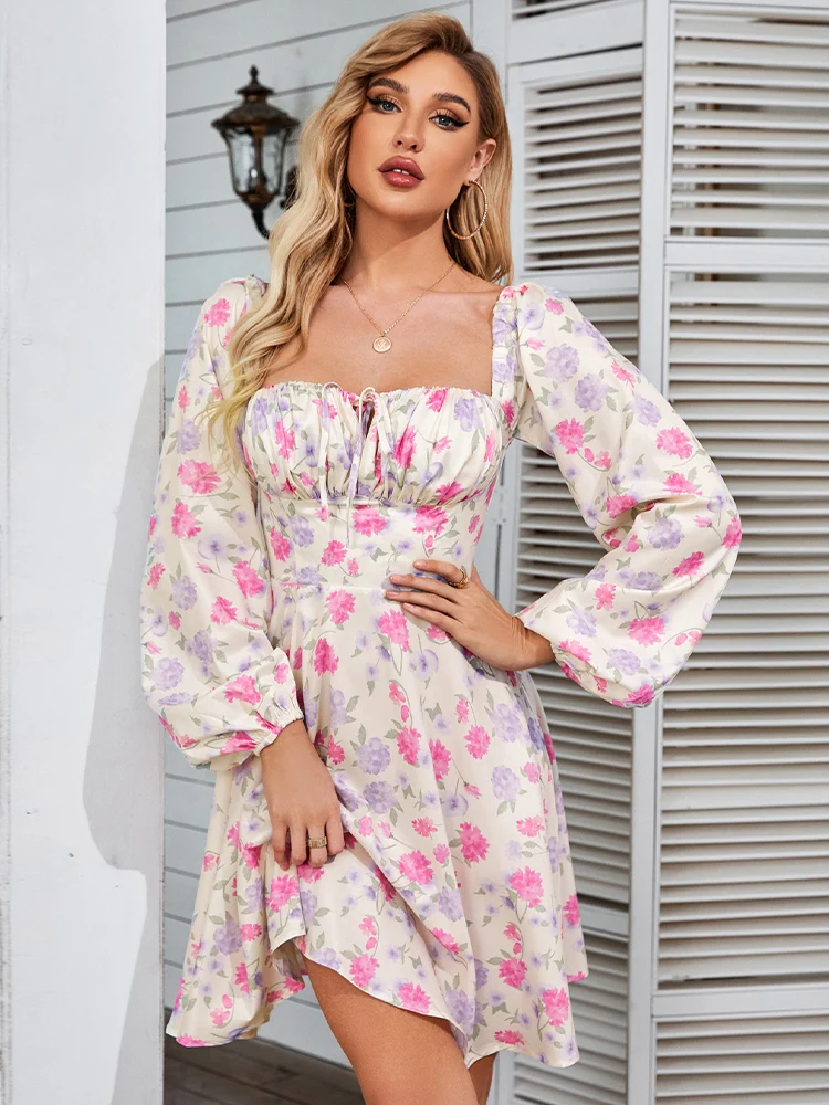 NewAsia Floral Dress Women Lantern Long Sleeve Ruched Print
