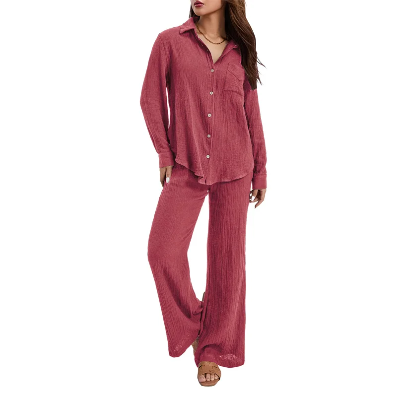 

Women Fall Spring Casual 2 Pieces Solid Long Sleeve Button Down Lapel Neck Shirt and Elastic Waist Pants Loose Home Loungewear