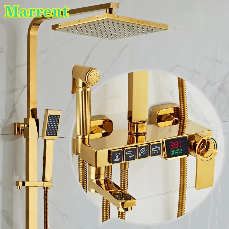 

Gold Thermostatic Shower System Faucets Hot Cold Bathroom Faucet Tap 12 Inch Rainfall Shower Head Digital Bathroom Shower Set