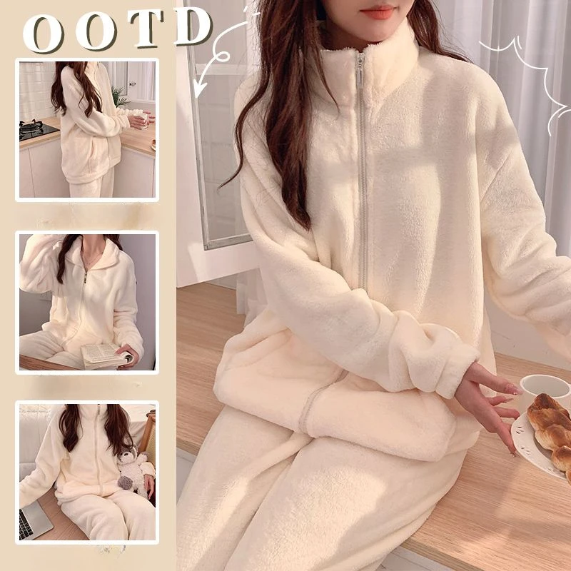 2024 Flannel Pajamas Women Fall Winter Pyjamas Simple Solid Color Nightdress Zipper High-neck Sleepwear Plus Size Warm Home Wear