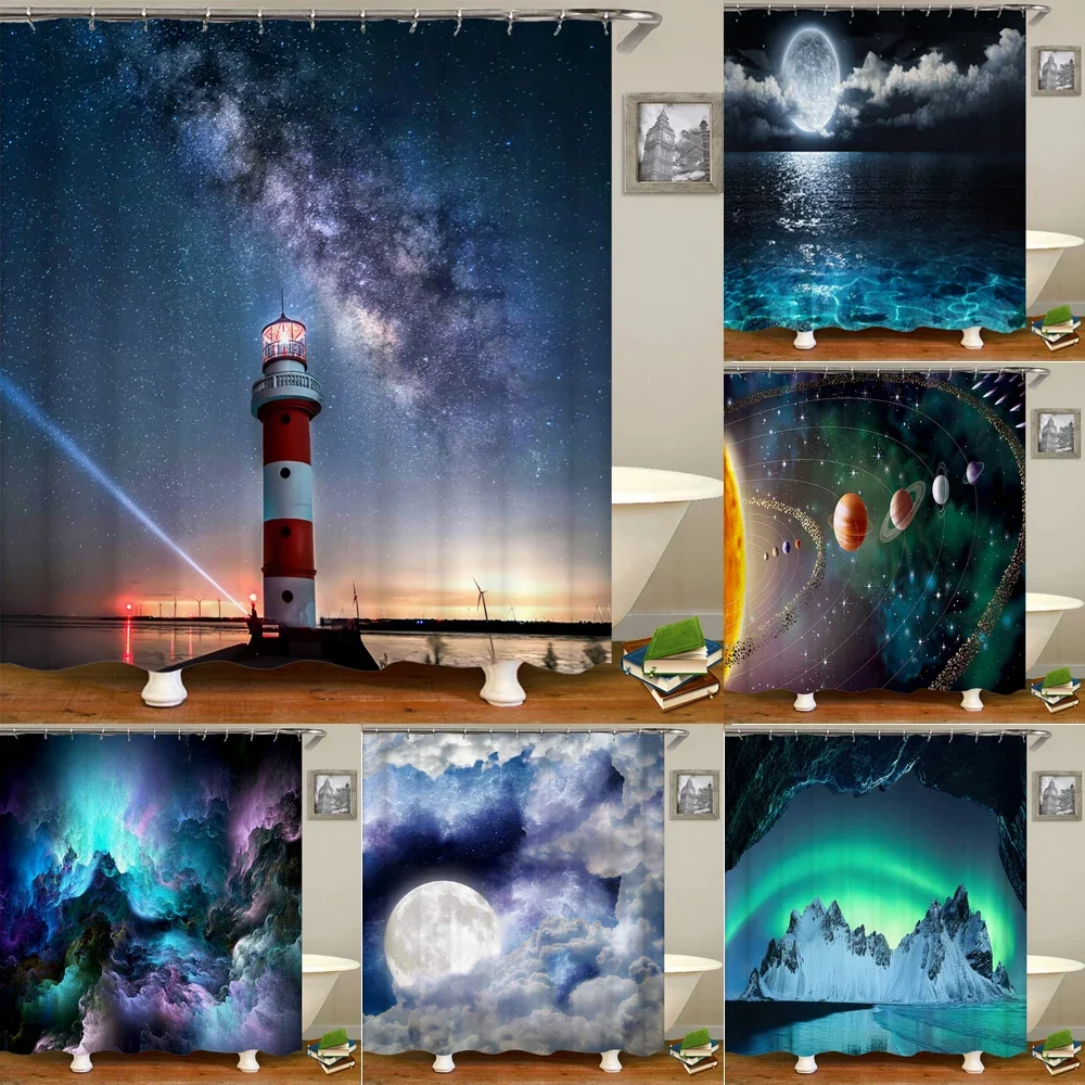 

3d Print Lighthouse Galaxy Shower Curtains Night Starry Sky Bathroom Curtain Waterproof Polyester Fabric With Hook Bath Curtain