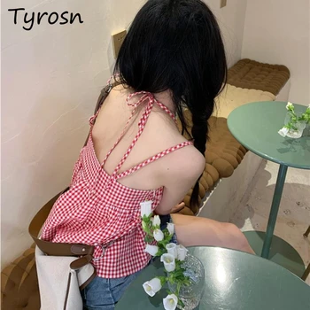 Canotta da donna scozzese con scollo all'americana senza schienale pieghettata dolce Y2k bretelle ritagliate Kawaii fresco casual stile da ragazzina estate alla moda