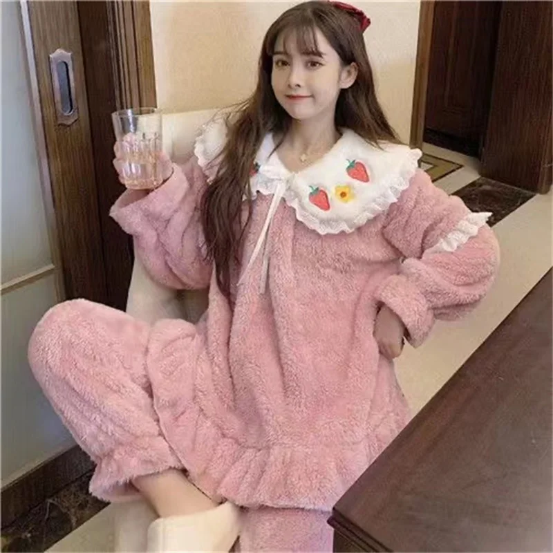 

Women Pajama Set Winter Coral Velvet Warm Thick Sweet Cute Long Sleeve Top and Pants Female Pyjamas Lovely Leisure