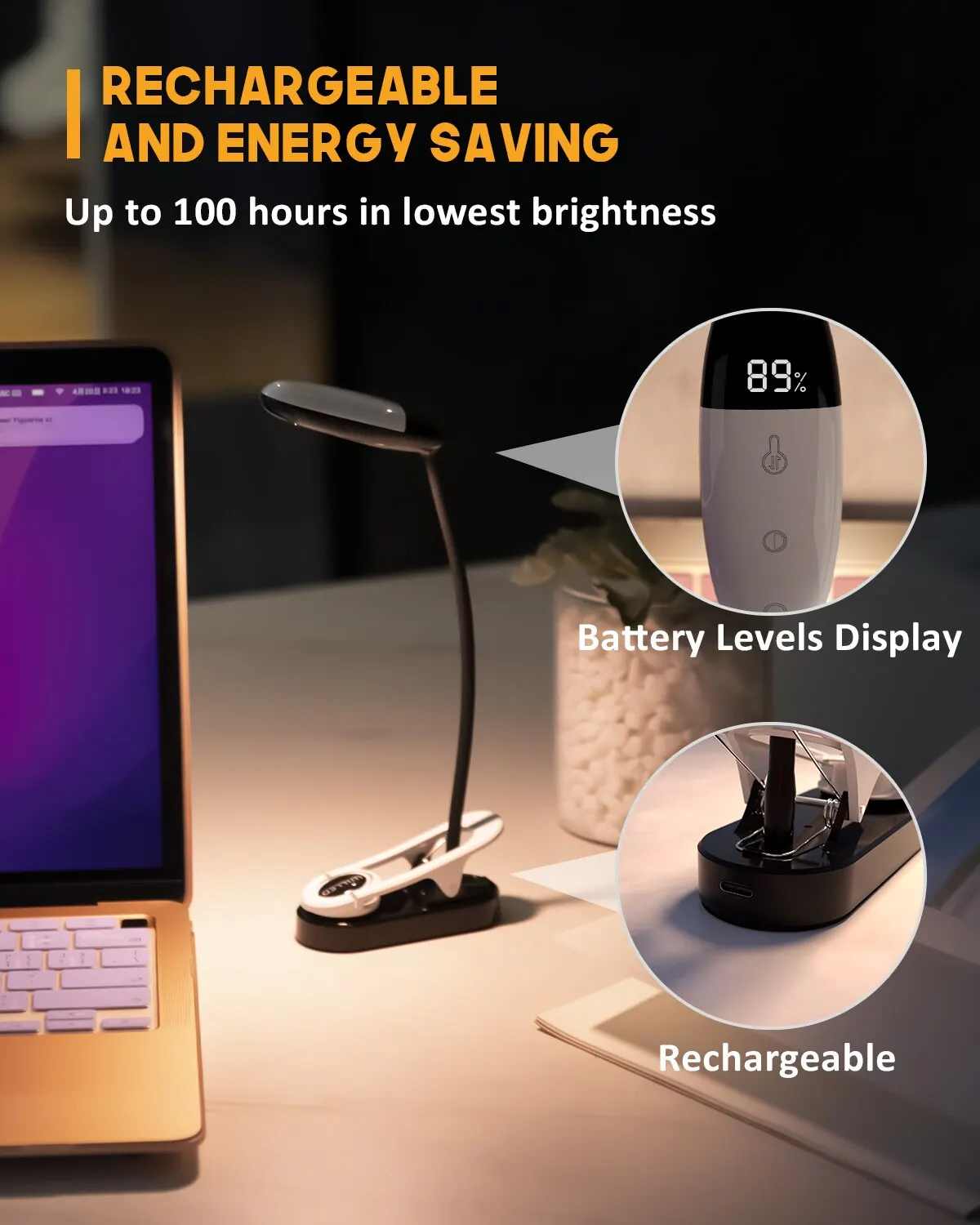 Mini LED Light 3 Colors 5 Brightness Displays Battery Power Rechargeable Mini LED Reading Light Flexible Easy Clip Night Reading Lamp