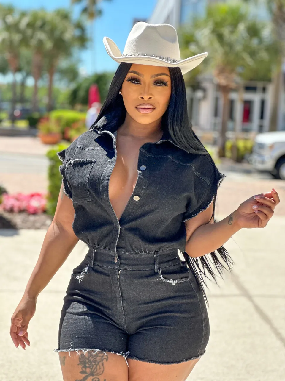 Women Short Sleeve Single Breasted Turn-down Collar Denim Short Jumpsuit Elastic Jeans One Piece Suit Romper Playsuits