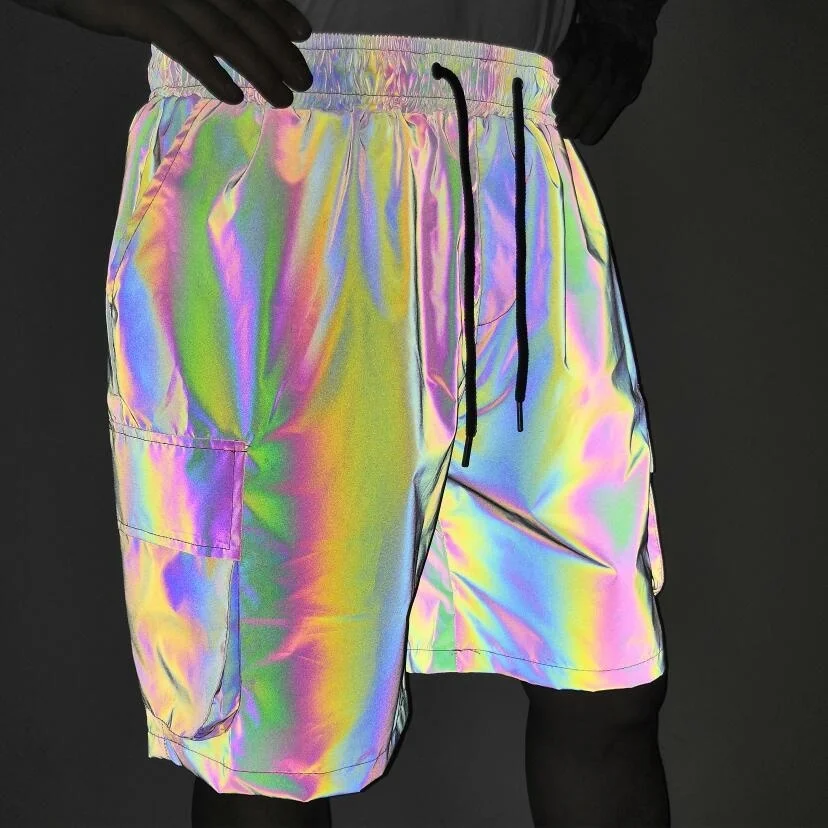 

Hip hop reflective shorts men colorful reflective cargo shorts multi pockets mens street casual short pants bermuda masculina