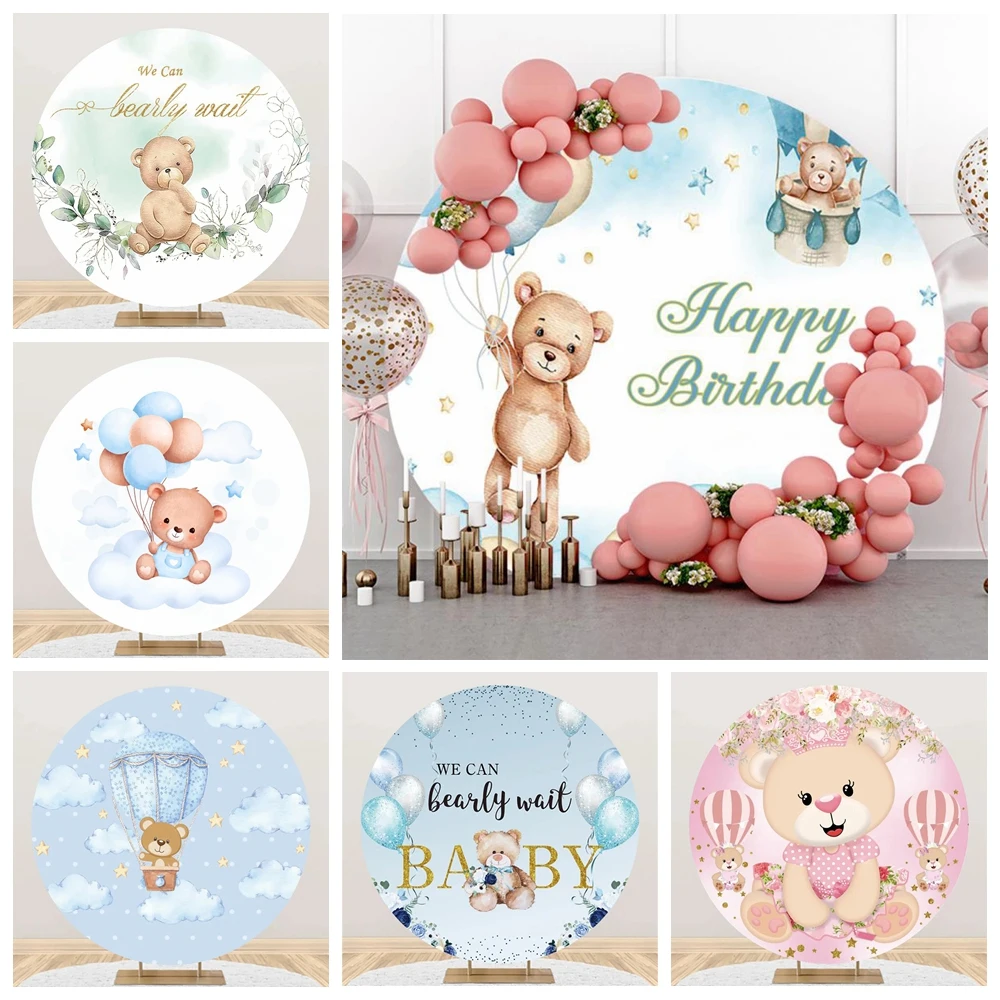 Rodada Fotografia Backdrop Balão de ar Quente Urso Elefante Baby Shower Birthday Party Decor Fundo Fotográfico Estúdio de Fotografia