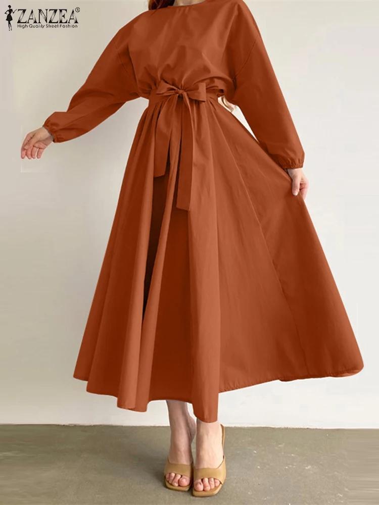 

ZANZEA Oversize Puff Sleeve Long Robe 2023 Fashion Women Belted Solid Color Swing Vestidos Elegant Holiday Casual Maxi Dresses