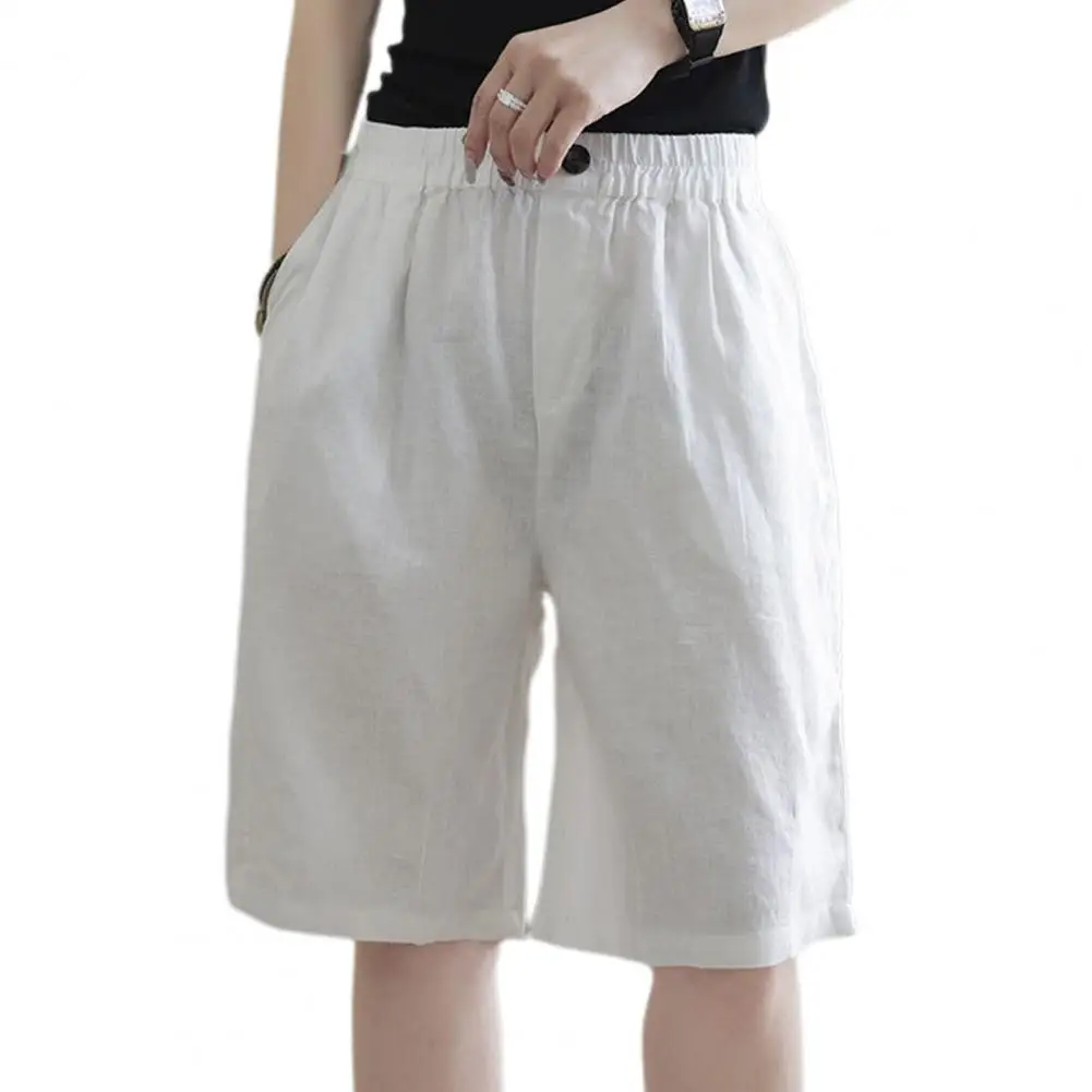 

Comfortable Trousers Stylish Women's Knee-length Shorts Elastic High Waist Loose Fit Pockets for Casual Beach or Everyday Wear